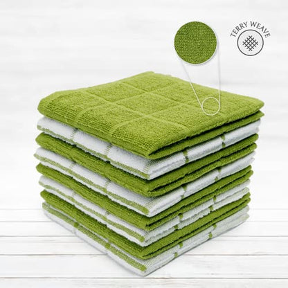 100% Cotton Terry Dish Cloth & Dish Towel, 8 Pack, Super Soft and Absorbent Kitchen Towels, Perfect for Kitchen Cleaning and Dish Washing (Green (Solid and Checks) 8 Pack) - color: Green (Solid and Checks) 8 Pack