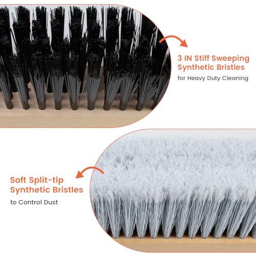 ALANNG 24” Push Brooms for Indoor and Outdoor, Heavy Duty Broom for Sweeping with 61” Wood Handle, Soft Bristle and Stiff Bristle Broom Set for Shop, Garage (2 Pieces)