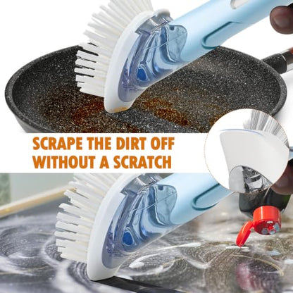 Soap Dispensing Replacement Dish Brush with 2 PCS Brush Refills & Holder | RIMAY Dispenser Scrub Cleaning Scrubber Kitchen Dishwashing Dish Wand Handle for Dishes/Pans/Pots/Sink(Blue) - color: Blue