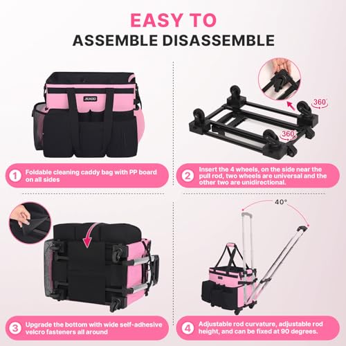 JKAOO Large Rolling Cleaning Caddy Bag with Detachable Trolley, Pink | Waterproof Cleaning Caddy with Wheels, 40L Wheeled Organizer Cart for Supplies, Housekeepers, Home, Office, Car, Picnic - color: Pink