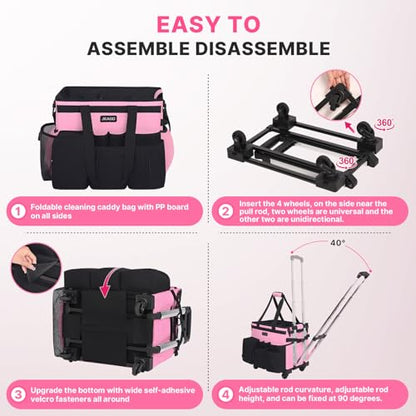JKAOO Large Rolling Cleaning Caddy Bag with Detachable Trolley, Pink | Waterproof Cleaning Caddy with Wheels, 40L Wheeled Organizer Cart for Supplies, Housekeepers, Home, Office, Car, Picnic - color: Pink