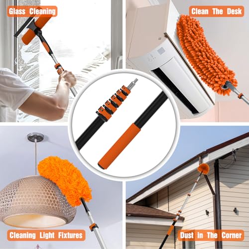 30FT Reach Duster Kit, Window Cleaning with 5-24FT Telescoping Extension Pole, High Ceiling Duster, Microfiber Feather Duster, Cobweb Duster, Window Squeegee, Feather Duster, Extendable Pole Kit - color: Orange, size: 24FT