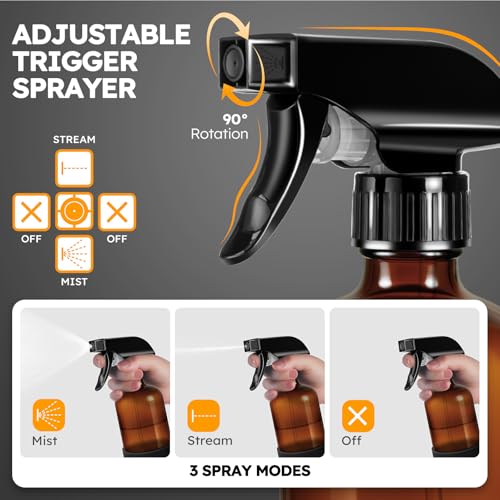 Tecohouse 2 Pack 360° Amber Glass Spray Bottles with Silicone Sleeve, 16 oz Empty Refillable Containers with Adjustable Spray Nozzles, Dark Spray Bottles for Cleaning Solutions, Plants (Black & Brown) - color: Amber, size: 16OZ