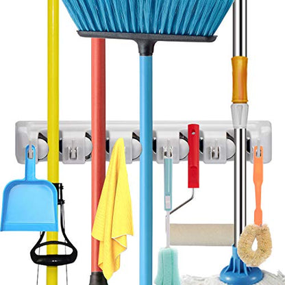 Champs Mop Broom Holder Wall Mounted Commercial Organizer Storage Rack for Garden Tools, Kitchen, Garage and Laundry [5 Slots with 6 Hooks]