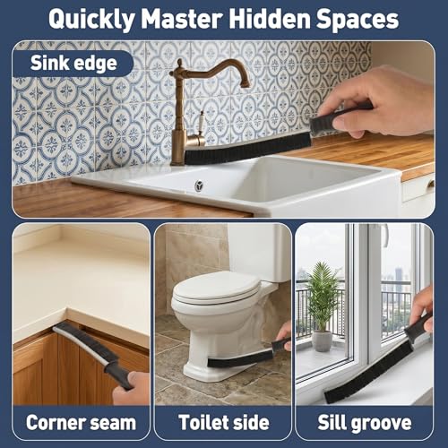 3 Pack Angled Crevice Cleaning Brush, Rigid Bristle Deep Gap Scrub Tool for Window Tracks, Sliding Doors, Bathroom Sinks and Kitchen Seams, Curved Handheld Scrubber