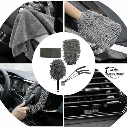 XGloss Motor™ 19-Piece Car Detailing Brush & Cleaning Kit – Drill Brush Set, Detail Brushes, Wheel Brushes, Wash Mitt, Towel, Vent & Dusting Brushes, Applicator Pad & Storage Bag
