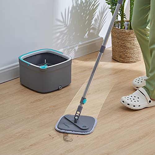 True & Tidy SPIN-800 TrueClean Mop and Bucket System Self Wringing Spin Mop with Separate Compartments for Clean and Dirty Water, Square Spin Floor with 2 Machine Washable Pads - color: Gray
