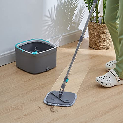 True & Tidy SPIN-800 TrueClean Mop and Bucket System Self Wringing Spin Mop with Separate Compartments for Clean and Dirty Water, Square Spin Floor with 2 Machine Washable Pads - color: Gray