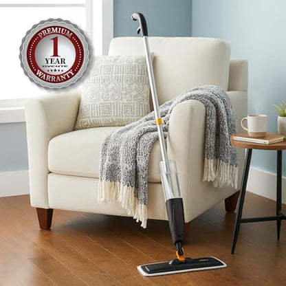 OVENTE Microfiber Spray Mop for Floor Cleaning with Refillable Bottle, Washable and Reusable Pad, 360° Spin Flat Cordless Wet Scrubber for Hardwood, Ceramic, Laminate and Vinyl Tiles, Black CTM121BGD