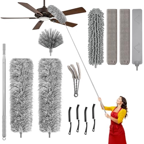 Professional Deep Cleaning System, 100-inch Extendable Duster with Under-Appliance Pads & Multi-Angle Heads for Ceiling Fans, High Ceilings, Blinds, and Gaps - color: 13-piece Set With Flat Gap Cleaner*2+chenille Head