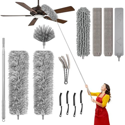 Professional Deep Cleaning System, 100-inch Extendable Duster with Under-Appliance Pads & Multi-Angle Heads for Ceiling Fans, High Ceilings, Blinds, and Gaps - color: 13-piece Set With Flat Gap Cleaner*2+chenille Head