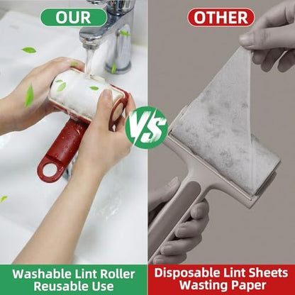 Mini Reusable Lint Roller 2 Pack, Washable Gel Sticky Lint Roller for Pet Hair, Travel Size Portable Lint Roller with 360° Rotating Handle & Large Hanging Hole, Beige