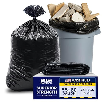 Plasticplace Contractor Trash Bags 55-60 Gallon │ 6.0 Mil │ Black Heavy Duty Garbage Bag │ 36” x 58” (25 Count) - size: 1 Count (Pack of 25)