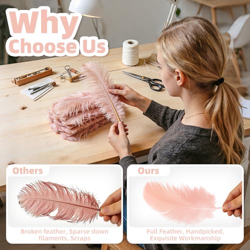 Pink Ostrich Feather Duster with Wooden Handle, 13.5 inch Natural Fluffy Cleaning Tool for Dusting Home, Car, Delicate Surfaces, Reusable Decorative Duster for Ledges, Blinds & Delicate Home Decor