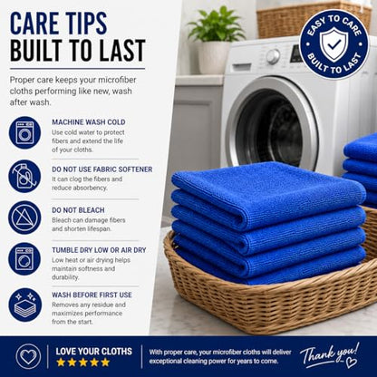 Iron Ridge Microfiber Cleaning Cloths 6-Pack, Blue, 12x12, 300 GSM | Reusable, streak-free performance for glass, kitchens, vehicles, electronics, workspaces, and everyday tasks - color: Blue