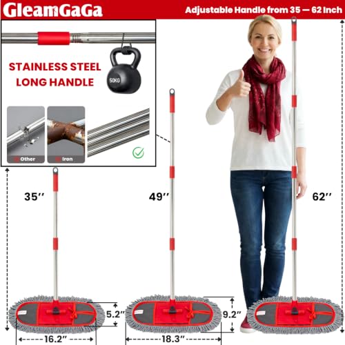 Dust Mop for Floor Cleaning with 3 Washable Pads, 14.4” × 5.1” Flat Mop Head, 62” Stainless Steel Handle, Lightweight Multi-Surface Mop for Hardwood, Marble & Tile
