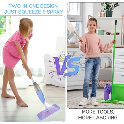 Kids Spray Mop, Real Working Toddler Cleaning Set with Water Sprayer & 2 Washable Mop Pads & Scraper, Pretend Play Montessori Housekeeping Toys Gifts for Toddlers Kids Girls Boys (Blue&Purple)