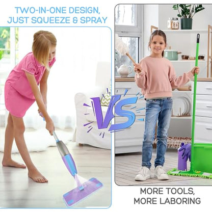 Kids Spray Mop, Real Working Toddler Cleaning Set with Water Sprayer & 2 Washable Mop Pads & Scraper, Pretend Play Montessori Housekeeping Toys Gifts for Toddlers Kids Girls Boys (Blue&Purple)