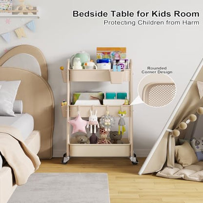Beige 3 Tier Rolling Cart Metal on Wheels, Three Tiered Storage Organizer Utility Trolley with Wheels for Art, Craft, Baby Diaper Caddy, Snack, Book, Nail, Lash, Cleaning Supplies, Kitchen, Bathroom - color: Light Beige