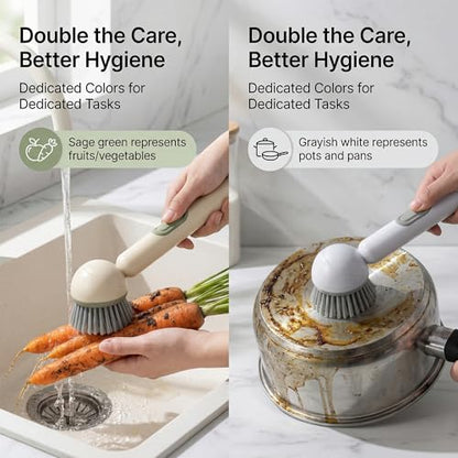 Li&Zhao Dish Brush with Soap Dispenser – Kitchen Sink Brush with Built-in Liquid Dispenser Wall Mount for Adjustable Angle Rotating, Heavy-Duty Dish Soap Brush for Sink, Stove, Cookware (2 Pack)