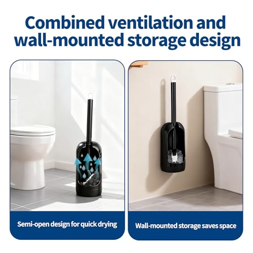 Toilet Bowl Brush and Holder Set, Premium Quality, Wall-Mounted Toilet Scrubber,Solid Handle and Durable Bristles for Bathroom Cleaning,Black(2 Replacement Brush Heads in 1 Pack)