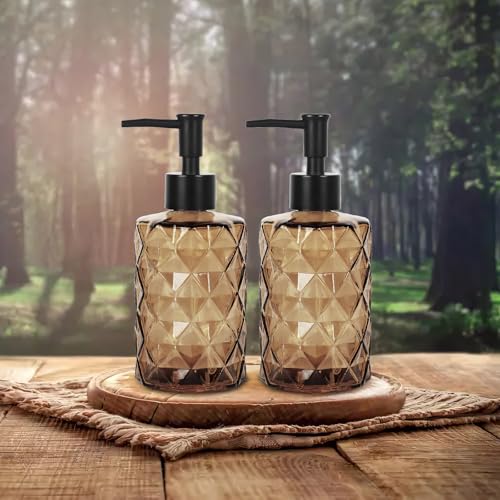 Dark Brown Glass Soap Dispenser with Pump, 12oz Diamond Design Hand Soap Dispenser, Refillable Lotion Dispenser & Dish Dispenser, Bathroom Dispenser for Dishwashing Liquid, Shower Gel - color: Diamond Amber