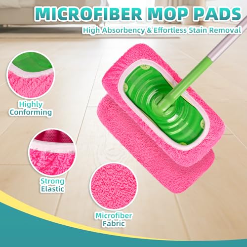 6 Pack Reusable Mop Pads Compatible with Swiffer Sweeper Mop, Washable Wet Pads Refill, Dry Sweeping Cloths, Microfiber Pads for Mopping Floors (Green, Pink) - color: Green, Pink