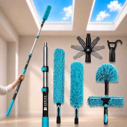 High Ceiling Duster Kit with 4-12FT Heavy Duty Extension Pole, Reaches Up to 20FT, Includes Microfiber Feather Duster, Cobweb and Ceiling Fan Duster, Window Squeegee Cleaner & Skylight Hook (12FT) - size: 12FT
