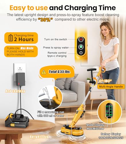 qimedo 6000mAh Battery Cordless Electric Mop M3, 800RPM Electric Power Scrubber & Mops for Floor Cleaning, Automatic Spin Mops with Smart Display,Rotating Mop with LED Light & Water Spray