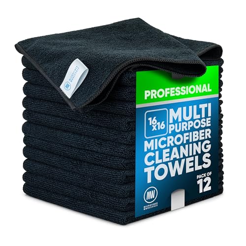 Microfiber Wholesale MW Pro 16x16 Auto Detailing Towels - Plush Car Drying Cloths for Wax Removal, Interiors & Body Shops - Scratch Free (Black, 12-Pack) - color: Black