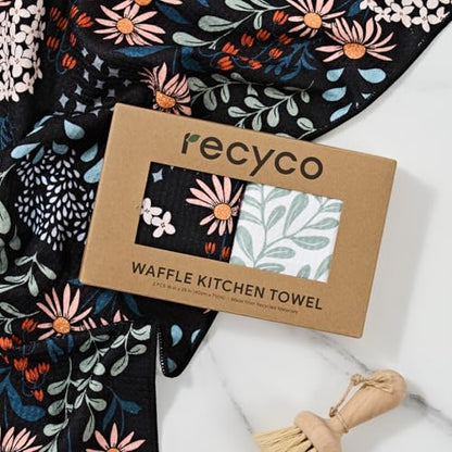 RECYCO Waffle Kitchen Towel Set of 2 - Quick Dry Microfiber Sustainable Dish Towels - Ultra Absorbent Reusable Cleaning Tea Towels - Lightweight Hand Towels,16”x 28”, Enchanted Bloom - color: Enchanted Bloom