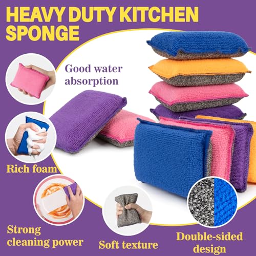 Non Scratch Microfiber Dish Scrubber - Kitchen Sponges 8 Pack Double-Sided Heavy Duty Dish Scrubber with High Density Foam for Washing Dishes, Pots & Sink Cleaning Reusable Sponge Set 4 Colors