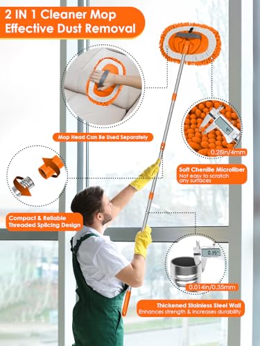 2 in 1 Lightweight Wall Cleaner Mop with Long Handle 75" 190cm Lint-Free Chenille Duster Mop for Kitchen Baseboard Floor Ceiling Glass Window Roof Adjustable Cleaning Brush Tool, 2 Replacement Heads - color: Orange