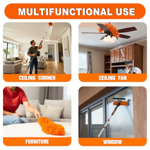 SISUPASSIE 20FT Reach High Ceiling Duster Kit, Window Cleaning kit with 3-12FT Extension Pole, Fan Duster for Ceiling Fan Blades, Microfiber Feather Duster, Rotatable Window Squeegee and Cobweb Duster - size: 12FT
