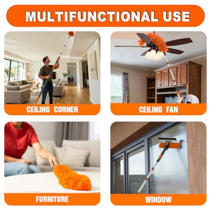 SISUPASSIE 20FT Reach High Ceiling Duster Kit, Window Cleaning kit with 3-12FT Extension Pole, Fan Duster for Ceiling Fan Blades, Microfiber Feather Duster, Rotatable Window Squeegee and Cobweb Duster - size: 12FT