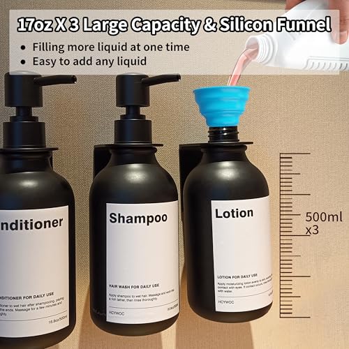 Shampoo Dispenser for Shower Wall, Shampoo and Conditioner Dispenser with 16 Waterproof Labels, Shower Dispenser 3 Chamber No Drill, Shower Soap Dispenser Wall Mounted for Bathroom, 17oz, Black - color: 2-black Bottle + Black Pump