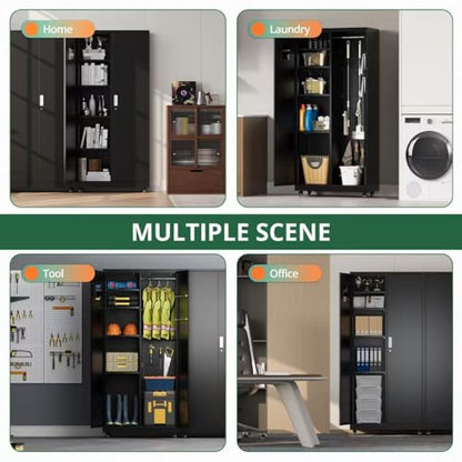 Metal Broom Closet, Garage Storage Cabinet, Tool Chest Bathroom Cabinet with Locking Doors and Wheels, 72" Tall Utility Cabinet with Hanging Rod, Freestanding Storage Cabinet for Cleaning Supplies