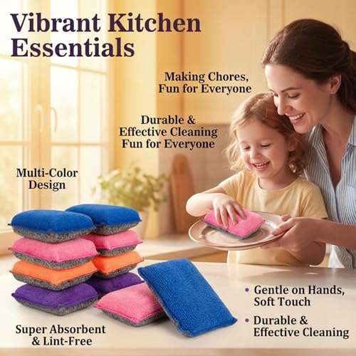 Non Scratch Microfiber Dish Scrubber - Kitchen Sponges 8 Pack Double-Sided Heavy Duty Dish Scrubber with High Density Foam for Washing Dishes, Pots & Sink Cleaning Reusable Sponge Set 4 Colors
