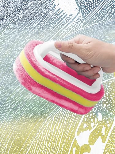 Ergonomic Long Handle Sponge Brush Set Durable Scouring 3 Pack Pad Shower Scrubber for Bathroom Bathtub Tile Grout Kitchen Sink Pot Cleaning Tool Non Scratch Heavy Duty Wand (Hot Pink) - color: Hot Pink