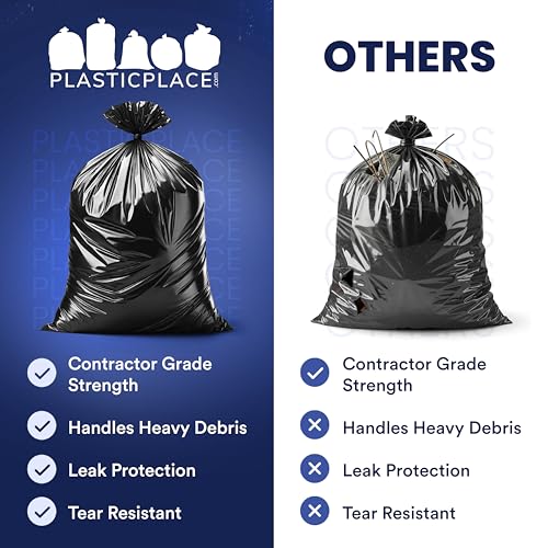 Plasticplace Contractor Trash Bags 40-45 Gallon │ 3.0 Mil │ Black Heavy Duty Garbage Bag │ 40” x 48” (50 Count)