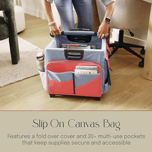Mobile Folding Utility Cart with Canvas Storage Organizer Bag, Rolling Cart, Red/Grey - color: Red/Grey