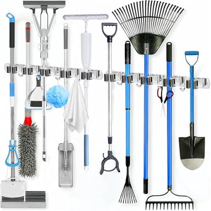 2 Pack Heavy Duty Wall Mount Broom Holder – Stainless Steel with 5 Racks & 4 Hooks Broom Organizer– Self-Adhesive or Screw Mount Mop Holder for Garage, Laundry, Kitchen – Silver