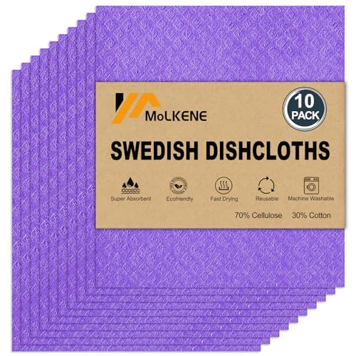 MoLKENE Swedish Dishcloths - 10 Pack Reusable Kitchen Dishcloths - Ultra Absorbent Dish Towels for Washing Dishes - Cellulose Sponge Cloth Cleaning Cloths - Purple - color: 10 Pack Purple, size: 10 Pack
