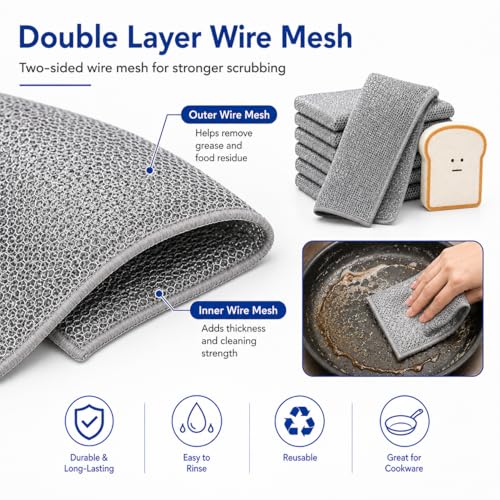 Non Scratch Wire Dishcloths 6 Pack with Kitchen Sponge | 6 wire dishcloths plus 1 sponge for dishes, pots, pans, sinks, stovetops, counters, and daily kitchen cleaning. - color: 6+1 Set