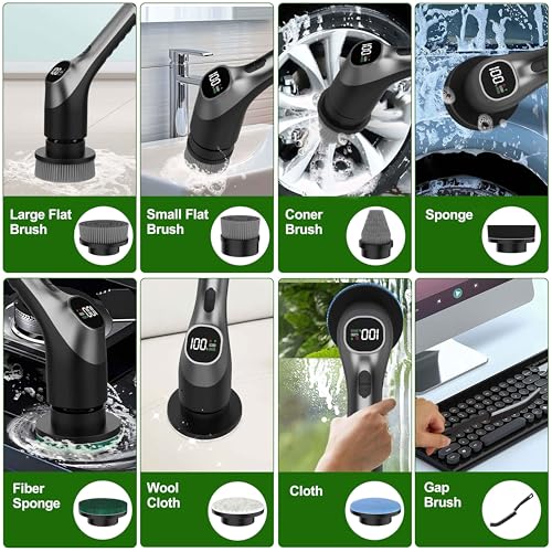 Electric Spin Scrubber, Shower Scrubber with Long Handle Adjustable LCD Display, 2 Speed Shower Cleaner, 7 Replaceable Brush Heads Bathroom Cleaning Brush, Bath Tub Power Scrubbers Black G3 - color: Black