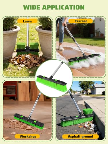 18”/45cm Large Wide Adjustable Heavy Duty Outdoor Push Broom Stiff Brush Head with 4 Section Threaded Handle 60"/152cm for Warehouse Driveway Garage Patio Sidewalk Floor Dirt Workshop Deck Cleaning