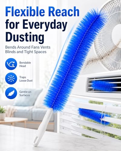 Bendable Microfiber Head, Reusable Dust Remover, High Ceiling Fan Cleaning Brush, Long Damp Duster for Cobweb, Air Conditioner Cleaner, Car Ac Vent Brushes, Blind Washable Dusters Kit Tool(4*Blue) - color: 4*blue