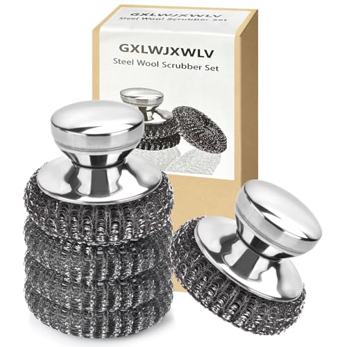 5PCS Stainless Steel Scrubber Pads, with 2Pcs Handle | Steel Wool Scrubber Set, For Kitchen and Household, Cleans Dishes, Stoves, Grill, Sink, Pots