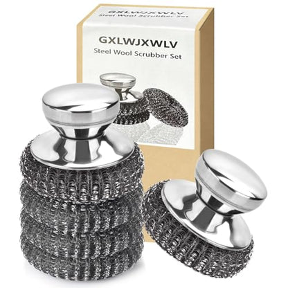 5PCS Stainless Steel Scrubber Pads, with 2Pcs Handle | Steel Wool Scrubber Set, For Kitchen and Household, Cleans Dishes, Stoves, Grill, Sink, Pots