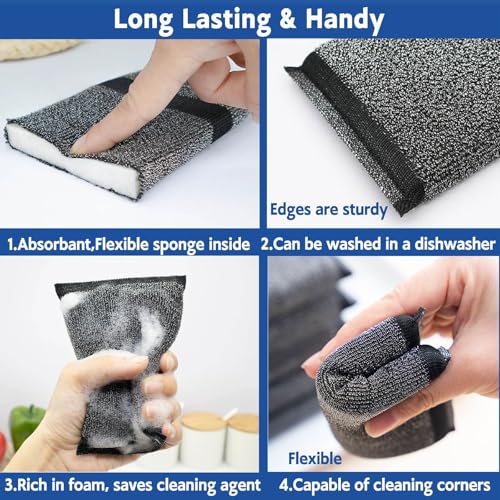 Kitchen Sponges for Dishes - Steel Wool Scrubber Sponges for Kitchen Heavy Duty Non-Scratch Scrubbing Cleaner (6 Pack) - color: Black